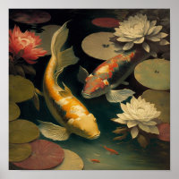 Vintages japanisches Koi Fish Pond Art Print Poste