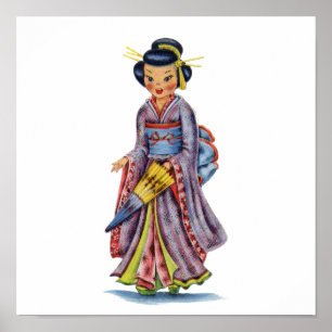 Vintages japanisches Mädchen in Kimono Poster