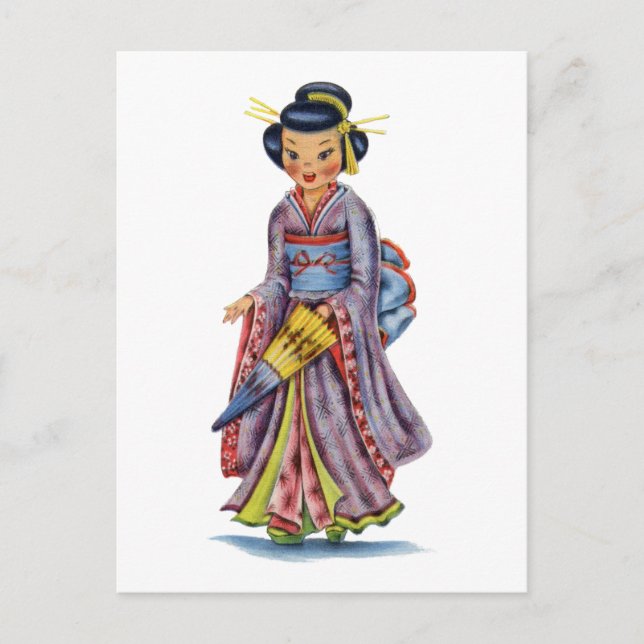 Vintages japanisches Mädchen in Kimono Postkarte (Vorderseite)