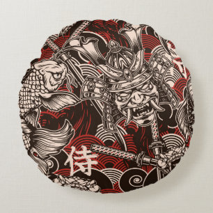 Vintages japanisches nahtloses Muster mit Katana-S Rundes Kissen