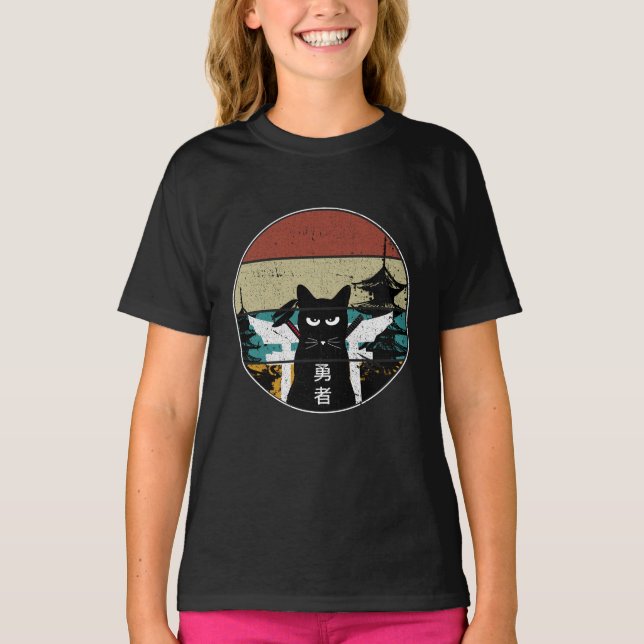 Vintages japanisches schwarzes Cat Art Design T-Shirt (Vorderseite)
