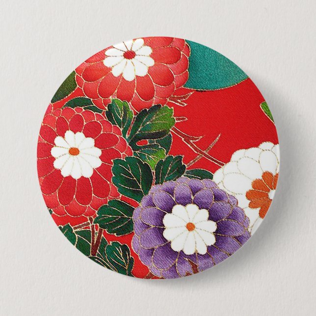 Vintages japanisches Textil - Red Dahlias Button (Vorderseite)