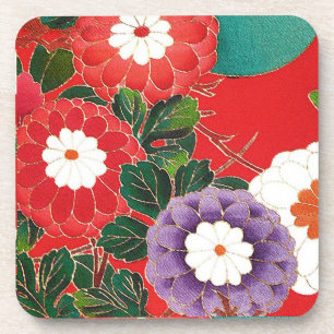 Vintages japanisches Textil - Red Dahlias Getränkeuntersetzer