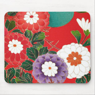 Vintages japanisches Textil - Red Dahlias Mousepad