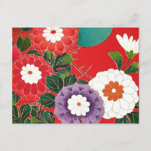 Vintages japanisches Textil - Red Dahlias Postkarte