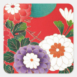 Vintages japanisches Textil - Red Dahlias Quadratischer Aufkleber