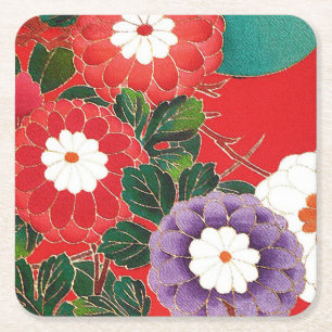 Vintages japanisches Textil - Red Dahlias Rechteckiger Pappuntersetzer