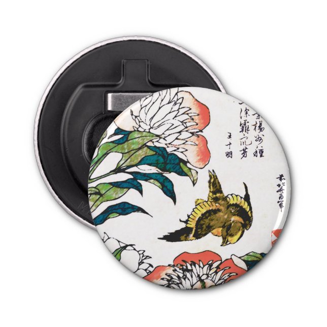 Vintages japanisches zeichn, Peonies und Sparrow Flaschenöffner (Vorderseite)
