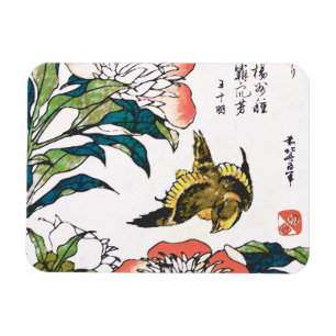 Vintages japanisches zeichn, Peonies und Sparrow Magnet