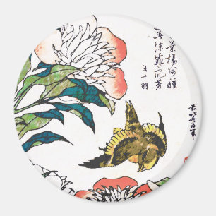 Vintages japanisches zeichn, Peonies und Sparrow Magnet