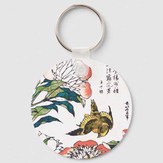 Vintages japanisches zeichn, Peonies und Sparrow Schlüsselanhänger (Vorderseite)