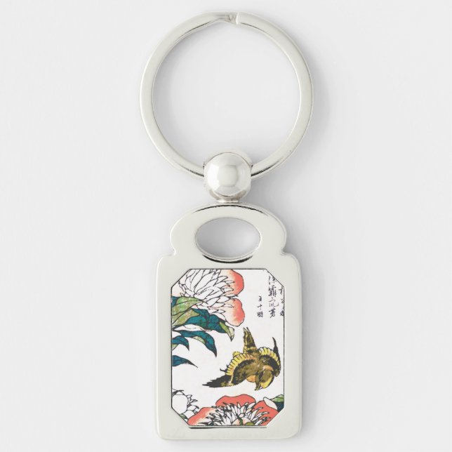 Vintages japanisches zeichn, Peonies und Sparrow Schlüsselanhänger (Vorderseite)