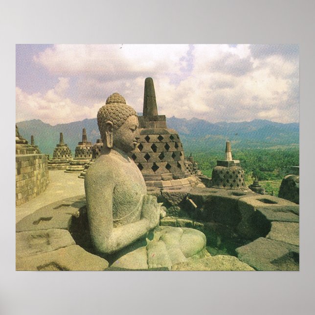 Vintages Java, Borobodur-Tempel, Buddha-Figur Poster (Vorne)