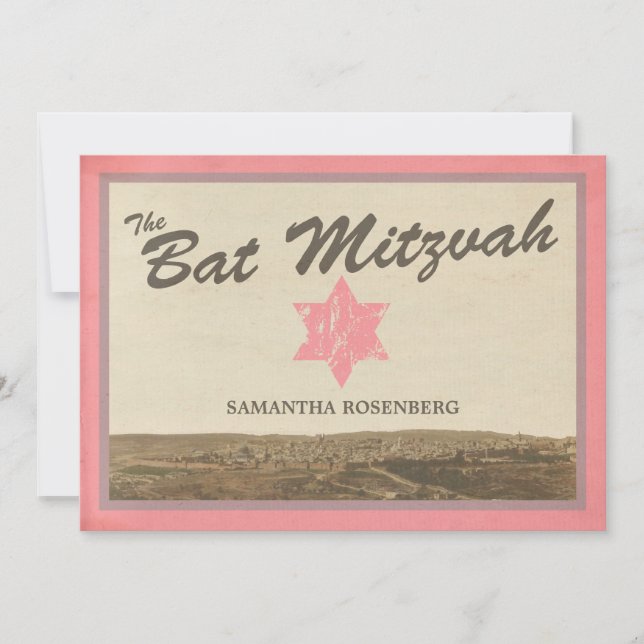 Vintages Jerusalem Bat Mitzvah Einladung in Rosa (Vorderseite)