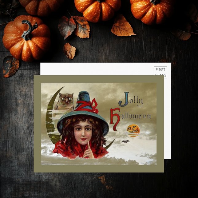 Vintages Jolinskehl, Hexe & Owl Große Postkarte (Vintage Jolly Halloween Witch & Owl Large Postcard)