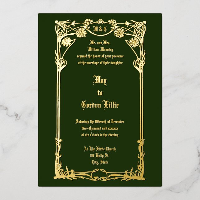 Vintages Jugendstil 1908 Hochzeit am Bräunungsring Folieneinladung (Vorderseite)