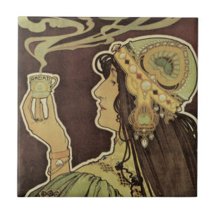 Vintages Jugendstil-Café Rajah, Frau mit Kaffee Fliese