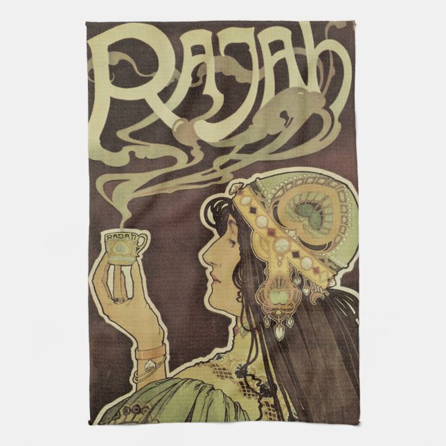 Vintages Jugendstil-Café Rajah, Frau mit Kaffee Geschirrtuch (Vertikal)