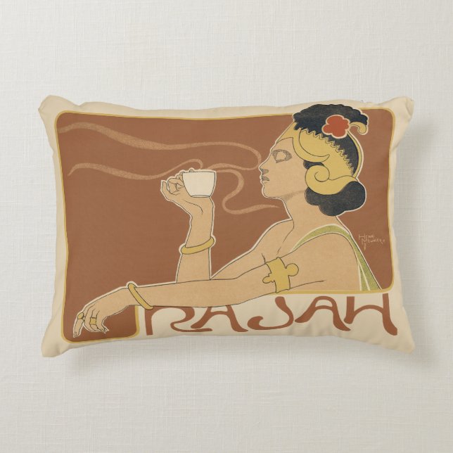 Vintages Jugendstil-Café Rajah, Lady mit Kaffee Dekokissen (Vorderseite)