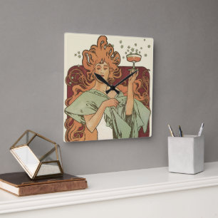 Vintages Jugendstil, Champagner von Alphonse Mucha Quadratische Wanduhr
