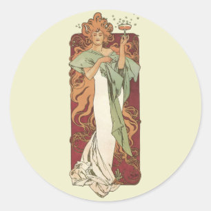 Vintages Jugendstil, Champagner von Alphonse Mucha Runder Aufkleber