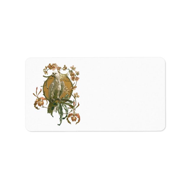 Vintages Jugendstil, Cockatoo Bird, Orchideen Blum Adressaufkleber (Vorne)