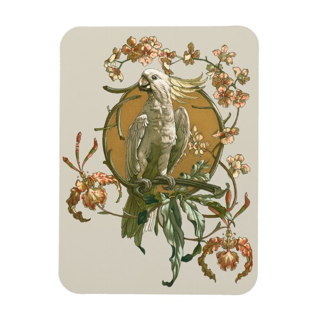 Vintages Jugendstil, Cockatoo Bird, Orchideen Blum Magnet (Vertikal)