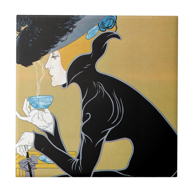 Vintages Jugendstil, Dame Drinking Marco Polo Tee Fliese (Vorderseite)