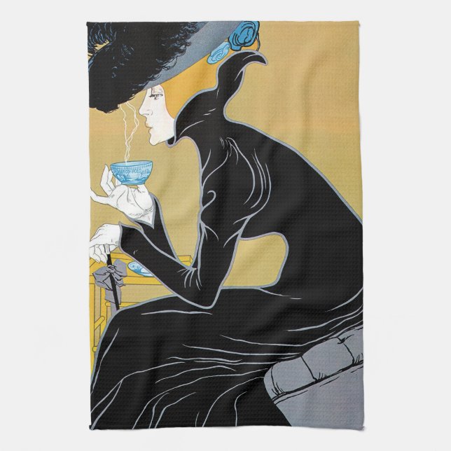 Vintages Jugendstil, Dame Drinking Marco Polo Tee Geschirrtuch (Vertikal)