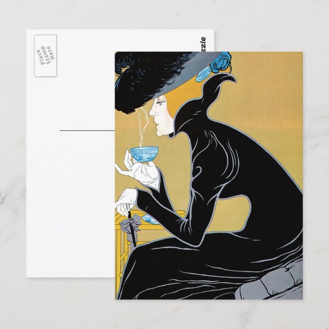 Vintages Jugendstil, Dame Drinking Marco Polo Tee Postkarte (Vorne/Hinten)