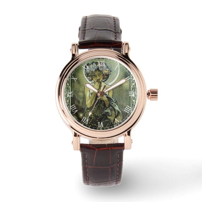 Vintages Jugendstil Der Mond von Mucha Armbanduhr (Vorderseite)