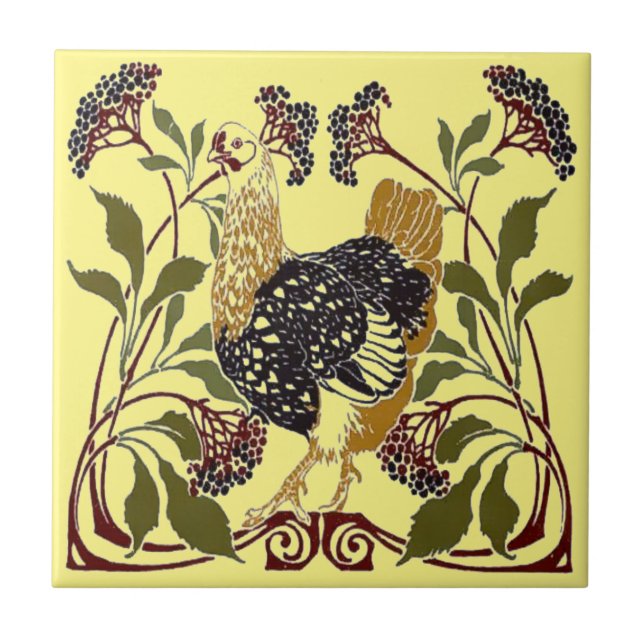 Vintages Jugendstil-Huhn & Blume Keramik Fliese (Vorderseite)