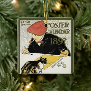 Vintages Jugendstil, Kunstmalerei mit Hauskatze Keramikornament