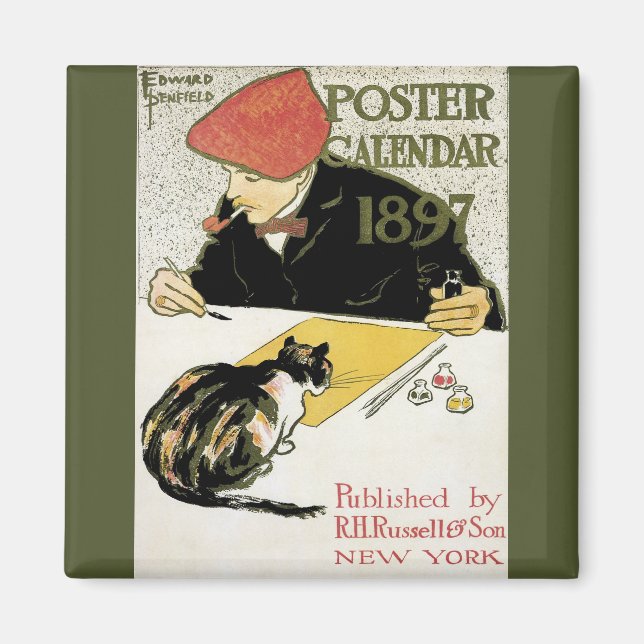 Vintages Jugendstil, Kunstmalerei mit Hauskatze Magnet (Vorne)