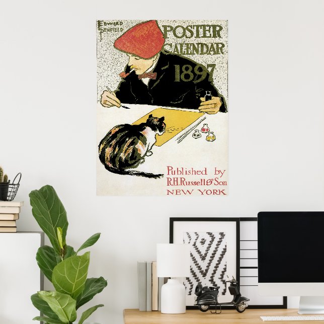 Vintages Jugendstil, Kunstmalerei mit Hauskatze Poster (Heimbüro)