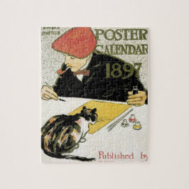 Vintages Jugendstil, Kunstmalerei mit Hauskatze Puzzle