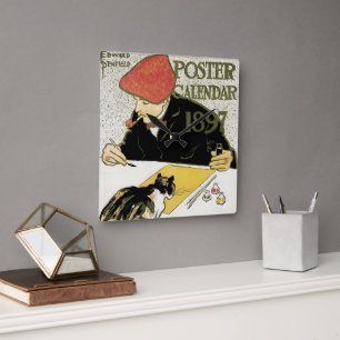 Vintages Jugendstil, Kunstmalerei mit Hauskatze Quadratische Wanduhr