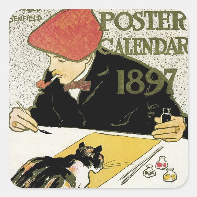 Vintages Jugendstil, Kunstmalerei mit Hauskatze Quadratischer Aufkleber (Vorderseite)