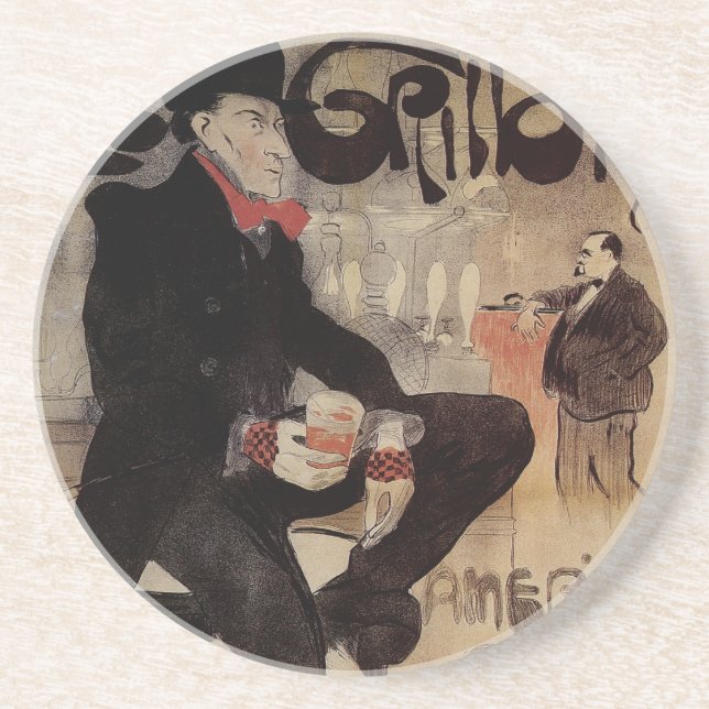 Vintages Jugendstil Le Grillon, Man Drinks Biere Getränkeuntersetzer (Vorne)
