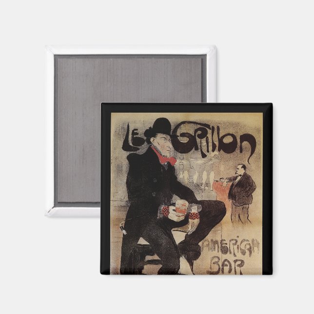 Vintages Jugendstil Le Grillon, Man Drinks Biere Magnet (Vorderseite/Rückseite)