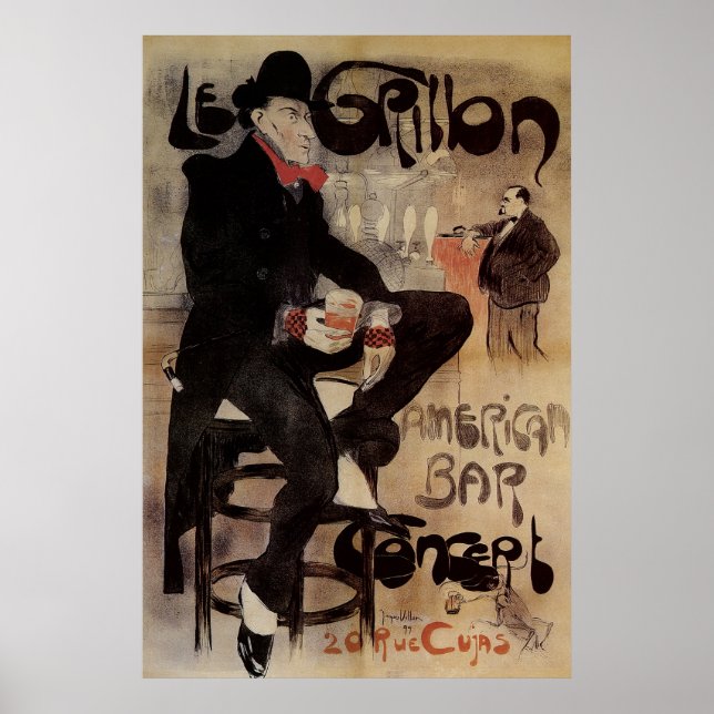Vintages Jugendstil Le Grillon, Man Drinks Biere Poster (Vorne)