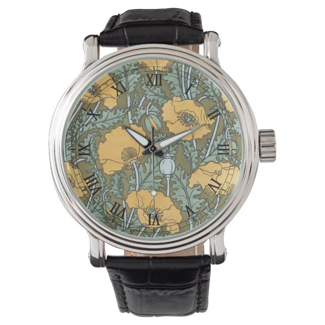 Vintages Jugendstil, Mohn-Blume im Garten Armbanduhr (Vorderseite)
