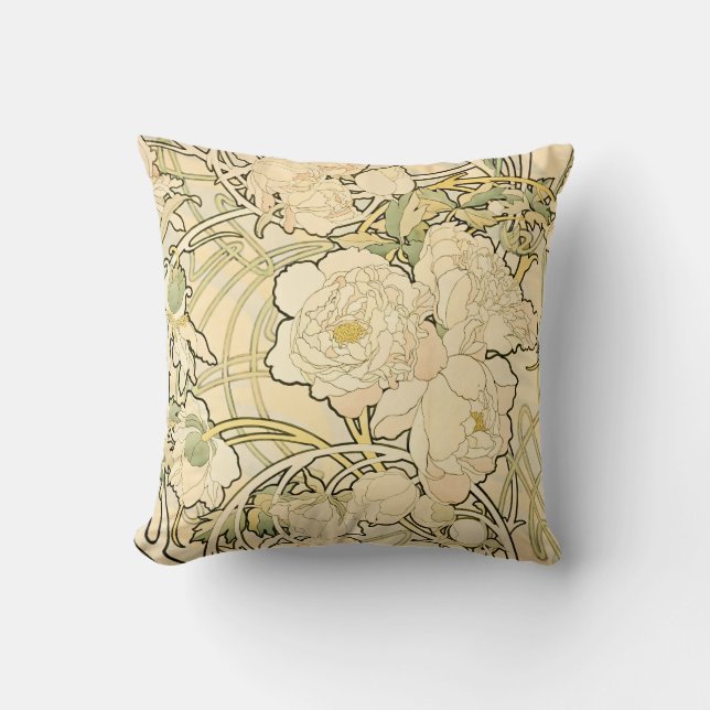 Vintages Jugendstil Mucha Blumenmuster Kissen (Vorderseite)