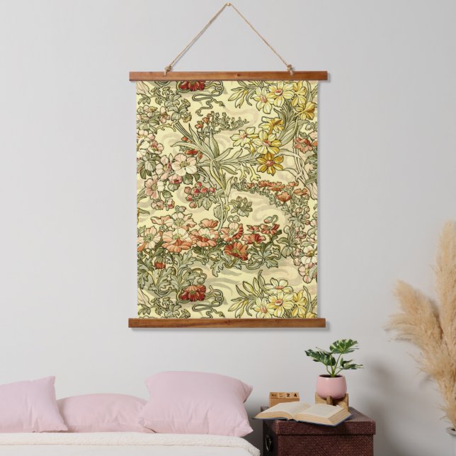 Vintages Jugendstil Mucha Blumenmuster Wandteppich Mit Holzrahmen (Schlafzimmer)