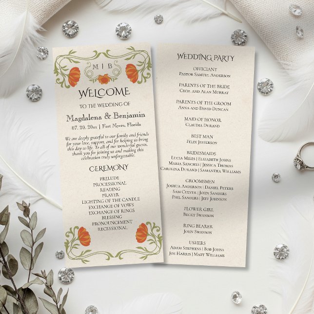 Vintages Jugendstil-Orange-Hochzeitsprogramm (Von Creator hochgeladen)