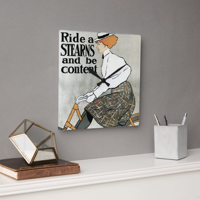 Vintages Jugendstil, Reiten a Sterns Fahrräder Quadratische Wanduhr (Büro)