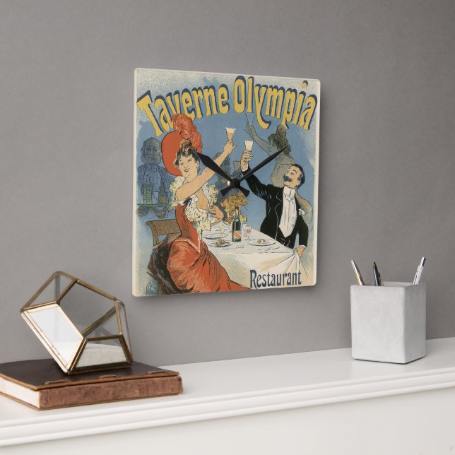 Vintages Jugendstil, Taverne Olympia Restaurant Quadratische Wanduhr (Büro)