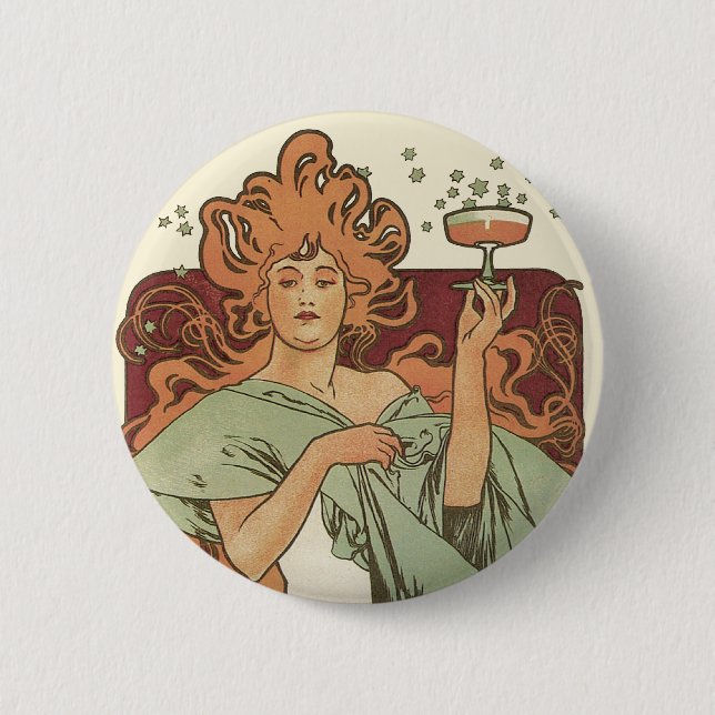 Vintages Jugendstil von Mucha, Champagner-Party Button (Vorderseite)