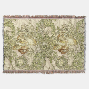 Vintages Jugendstil-Woman Blumenmuster von Mucha Decke