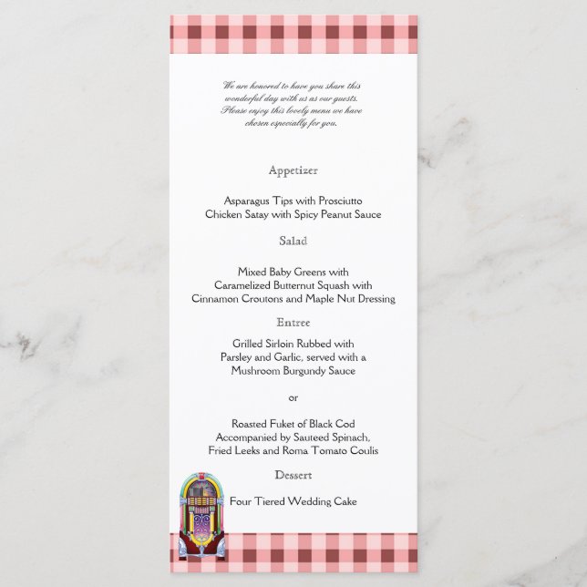 Vintages Jukebox-Hochzeitmenü der 50er Jahre Menükarte (Vorderseite)